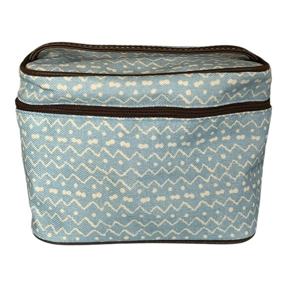 Vtg Estée Lauder Blue White Zigzag Cosmetic Travel Bag with Brown Trim - Picture 1 of 8